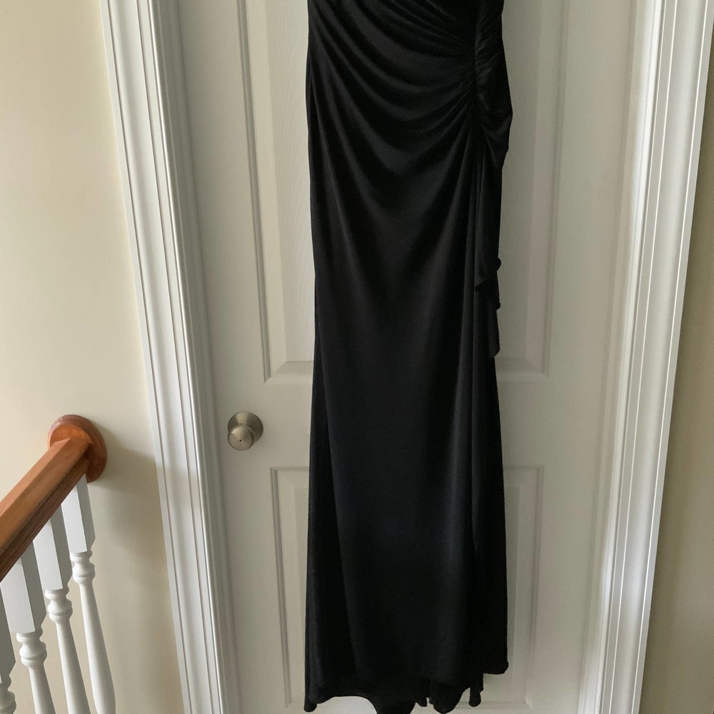 La Femme Off the Shoulder Jersey Ruched Long Dress Black - Picture 6 of 9